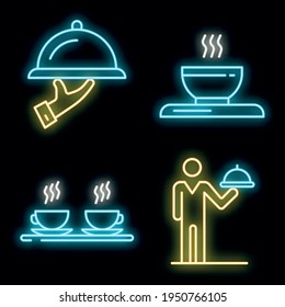Waiter icons set. Outline set of waiter vector icons neon color on black