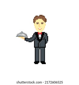 Waiter isolated on white background. Pixel art design. 8 bit logo for game. Character vector illustration. eps 10