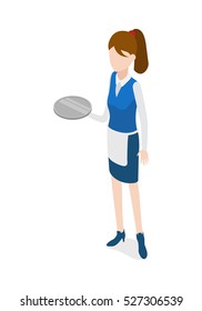 Waiter isolated. Woman in waiter uniform holding round metal grey tray. Full length portrait of standing waitress. Girl wearing blue skirt, shoes and white apron, shirt. Flat design. Vector