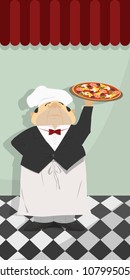 Waiter with Italian pizza against the wall of the restaurant. Vector, illustration, retro