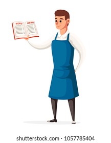 Waiter keeps the restaurant menu. Waiter with blue apron. Cartoon style character design. Vector illustration isolated on white background website page and mobile app design.