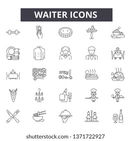 Waiter line icons, signs set, vector. Waiter outline concept, illustration: food,waiter,restaurant,dinner,dish,plate,menu
