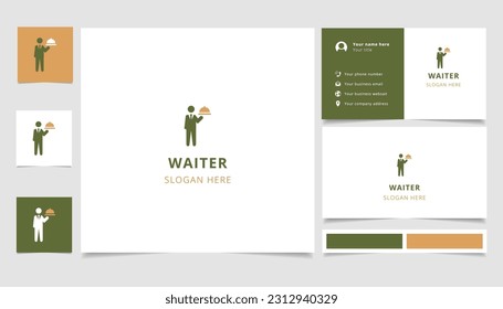 Diseño del logo del camarero con un lema editable. Libro de promoción de marca y plantilla de tarjeta de visita.