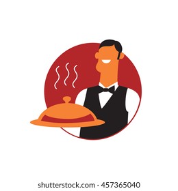 waiter logo, vector graphic art shape, retro vintage style badge design, illustration isolated on white background.
