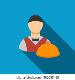 Waiter long shadow vector icon. Style is a flat symbol with rounded angles on a colored square button.