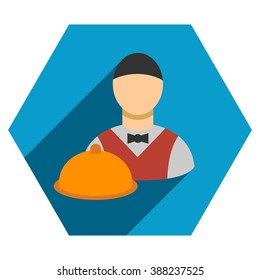 Waiter long shadow vector icon. Style is a flat symbol on a colored hexagon button with longshadow.