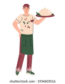 Waiter male character brings meals in fast food restaurant or cafe, cartoon flat vector illustration isolated on white background. Smiling polite waiter or steward with tray. Fast food services staff.
