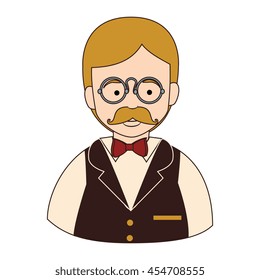 Waiter male mustache glasses , isolated flat icon
