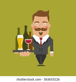 Waiter man flat character with drinks
