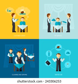 Waiter man job design concept with customer order vip service cleaning and serving icon flat set isolated vector illustration