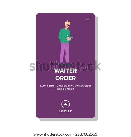 waiter man order vector. restaurant service, menu beer, tray serving, dinner wine, gastronomy hand waiter man order web flat cartoon illustration
