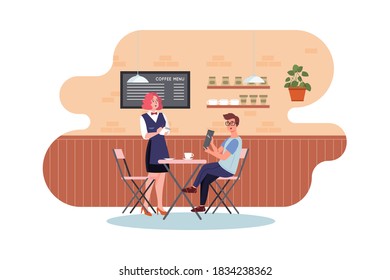 A waiter and a man ordering coffee in a coffee shop.