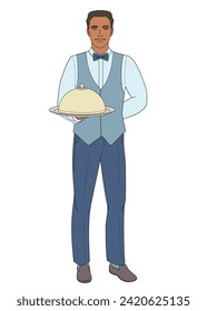 waiter man serving tray with Dish Food Cover