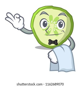 Waiter mascot slice cucumber to cook vegetable