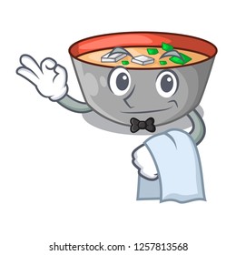 Waiter miso soup bowl on table character