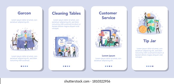 Waiter mobile application banner set. Restaurant staff in the uniform, catering service. Table setting and customer calculation, sharing tips. Isolated vector illustration in cartoon style