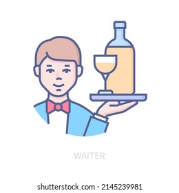 Waiter - icono de diseño de línea de color moderno sobre fondo blanco. Imagen detallada y clara de un joven con uniforme de restaurante formal sujeta una bebida elegante en una bandeja. Vino o champán en una copa