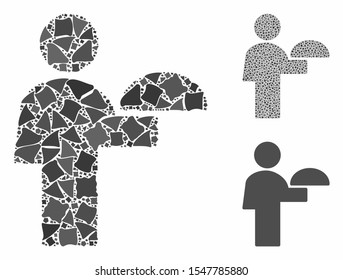 Waiter mosaic of abrupt items in variable sizes and color tones, based on waiter icon. Vector irregular items are united into collage. Waiter icons collage with dotted pattern.