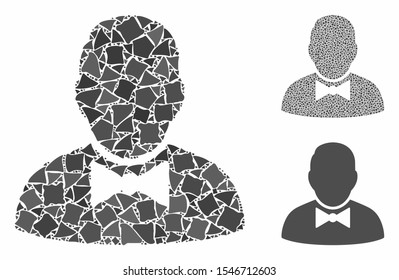Waiter mosaic of tuberous items in different sizes and color tinges, based on waiter icon. Vector irregular items are grouped into collage. Waiter icons collage with dotted pattern.