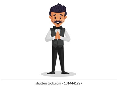 Waiter Is With Namaste Greeting With Hands. Vector Graphic Illustration. Individually On White Background.