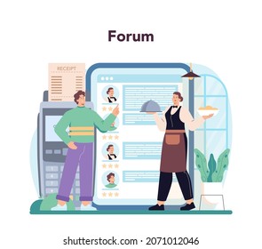 Waiter Online Service Or Platform. Restaurant Staff In The Uniform, Catering Service. Order Acceptance And Customer Service. Online Forum. Flat Vector Illustration