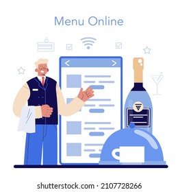 Servicio o plataforma en línea Waiter. El personal del restaurante, de uniforme, está encargado de la restauración. Aceptación de pedidos y servicio al cliente. Menú en línea. Ilustración vectorial plana