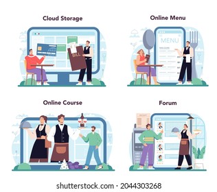 Waiter Online Service Or Platform Set. Restaurant Staff In The Uniform, Catering Service. Order Acceptance And Customer Service. Online Menu, Course, Forum, Cloud Storage. Flat Vector Illustration