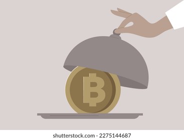 A waiter opening a metal cloche, a big bitcoin on a tray