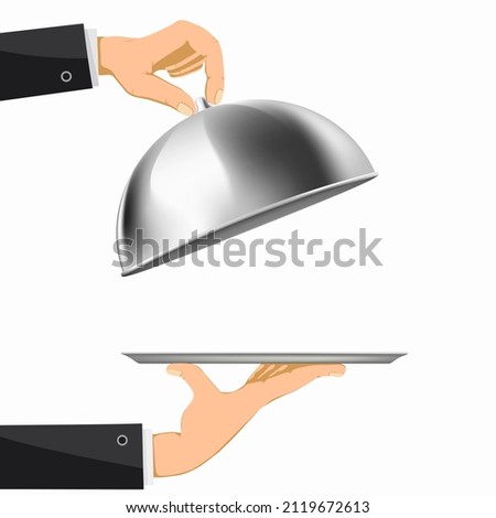 Waiter opens the cloche of the tray. Vector isolated on white background.