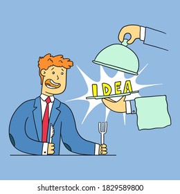 The waiter opens a dish with an idea in front of a man, vector illustration. Speed up the idea generation process, find many solutions