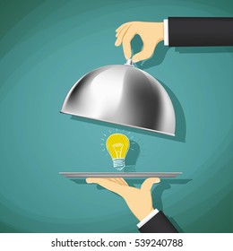 Waiter opens a dish with a light bulb. Stock Vector cartoon illustration.