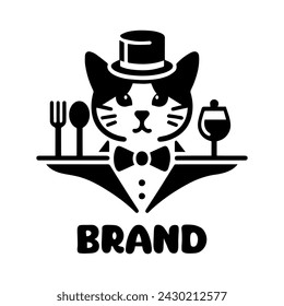 Logotipo de pintura de camarero. Concepto del logotipo del gato en el traje del camarero del restaurante