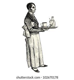 Waiter in Paris - Vintage engraved illustration - "Les Francais" by L.Curmer printed  in 1842 Paris France