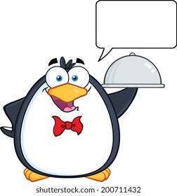 Waiter Penguin Serving Food On A Platter With With Speech Bubble