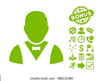 Waiter pictograph with bonus design elements. Vector illustration style is flat iconic symbols, eco green color, white background.