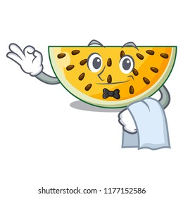 Waiter a piece of a yellow watermelon cartoon