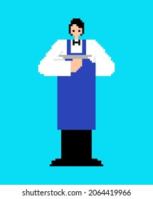 Waiter pixel art. pixelated Service staff in the restaurant. 8bit