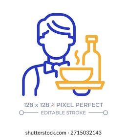 El píxel de camarero es un icono de línea de dos colores perfecto. Hombre sirviente llevando bandeja con comida. Trabajo de personal de restaurante. Símbolo de contorno bicolor de catering. Pictograma lineal duotono. Ilustración aislada. Trazo editable