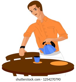 The waiter pours tea