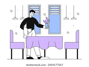 Camarero preparar mesa simple. Hombre trabajador en cafetería o restaurante. Ocupación del servicio de catering. Joven con planta en maceta. Doodle Ilustración vectorial plana aislada sobre fondo blanco