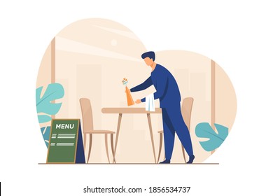 Waiter preparing cafe for opening. Restaurant worker cleaning table after customers leaving flat vector illustration. Catering, service, job concept for banner, website design or landing web page