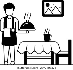 Waiter presenting the meal Concept, enjoyable dining experience Vector Icon Design, Hotel and Motel Services Symbol, Vacations Rental Sign, Restaurant Supplies Stock Illustration