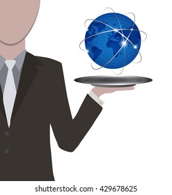 Waiter presenting the world in blue on silver tray