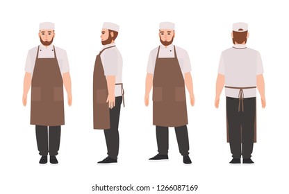 Waiter, professional restaurant and kitchen worker wearing apron. Cute male cartoon character isolated on white background. Front, side, back views. Colorful vector illustration in flat cartoon style.