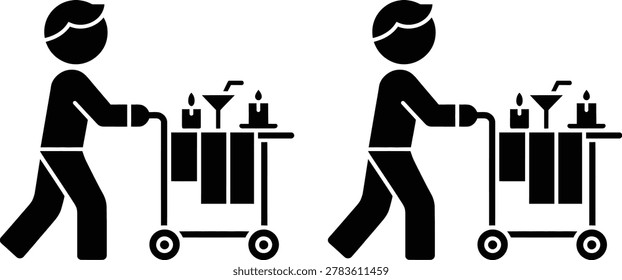 Waiter pushing drink trolley with bar glasses