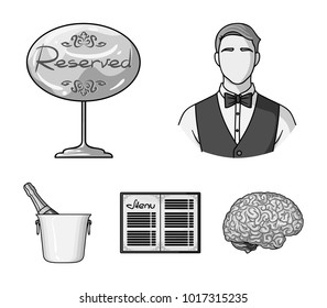 Waiter, reserve sign, menu, champagne in an ice bucket.Restaurant set collection icons in monochrome style vector symbol stock illustration web.