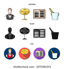Waiter, reserve sign, menu, champagne in an ice bucket.Restaurant set collection icons in cartoon,black,flat style vector symbol stock illustration web.