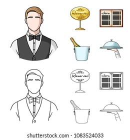 Waiter, reserve sign, menu, champagne in an ice bucket.Restaurant set collection icons in cartoon,outline style vector symbol stock illustration web.