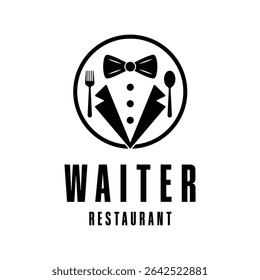 waiter restaurant logo design concept with bow tie, spoon and fork