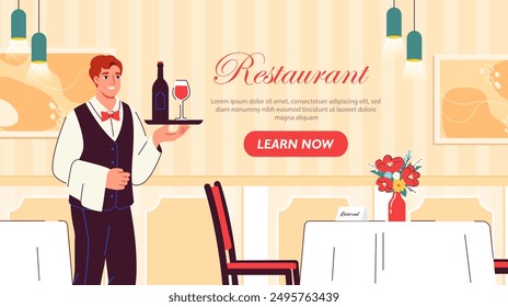 Waiter in restaurant. Man in uniform with tray of wine near table. Restaurant staff. Catering service occupation. Landing webpage design. Dinner in cafe. Flat vector illustration